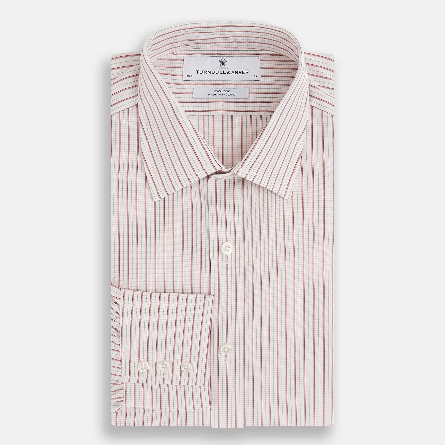 View 5 of product The Turnbull & Asser Red Graph Check Mayfair Shirt features a classic collar and buttoned cuffs, with red and blue stripes on white, ideal for formal wear. Laid flat on a white surface.