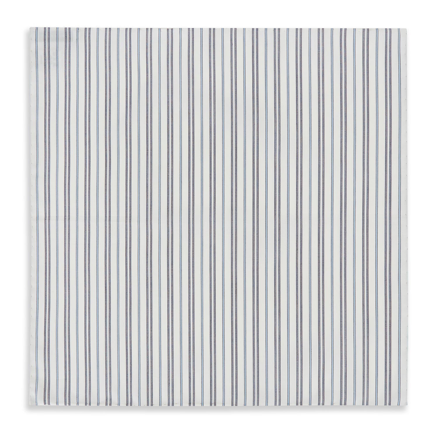 View 3 of product The Turnbull & Asser Navy and Light Blue Track Stripe Hand-Rolled Handkerchief features vertical stripes in blue, black, and gray on white with hand-rolled edges, expertly crafted in England.