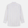 View 5 of product The Colourful Garden Multi Stripe Cotton Regular Fit Mayfair Shirt by Turnbull & Asser features a collar, buttoned cuffs, and vertical stripes in blue, yellow, pink, and white on a light background for a relaxed look.