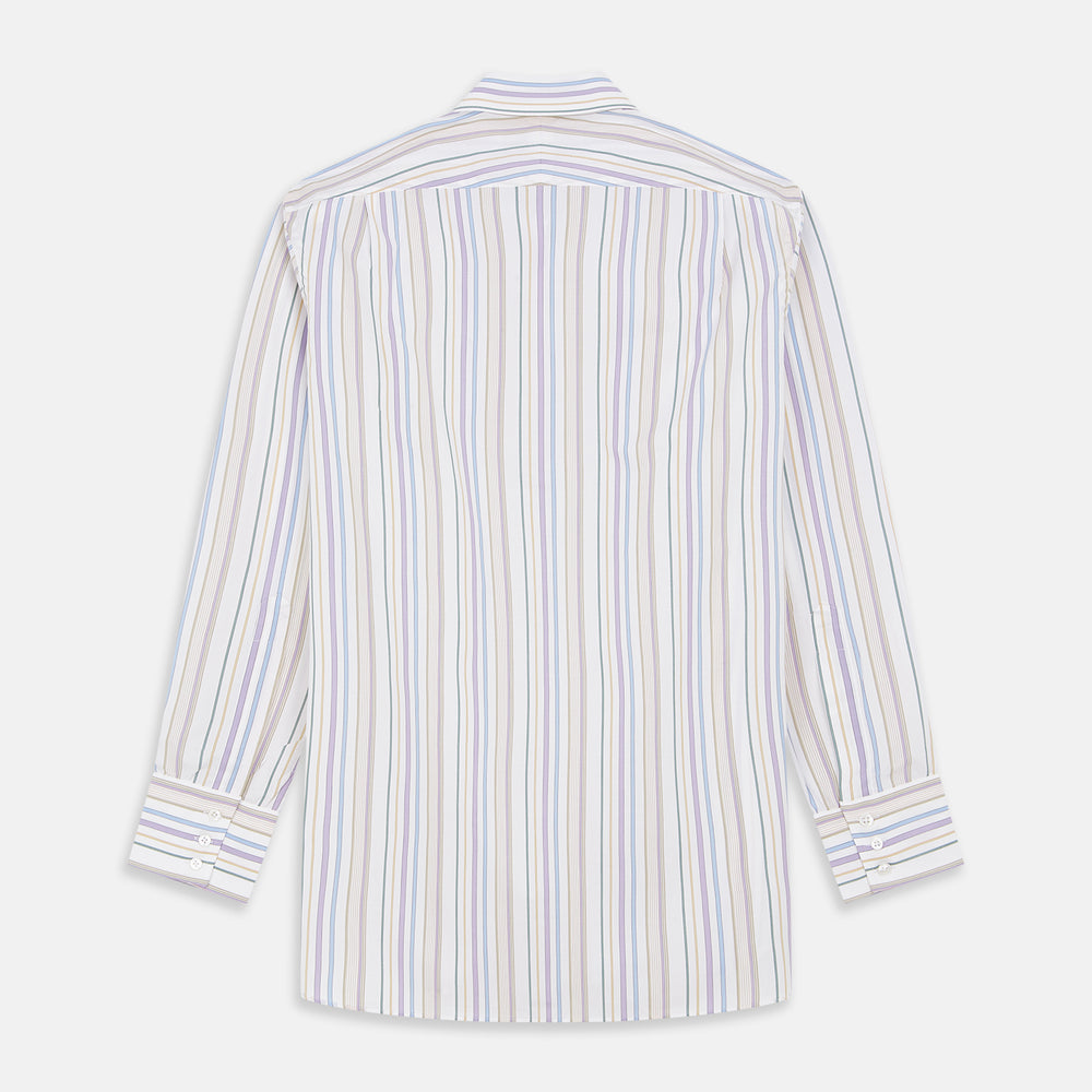 The Colourful Garden Multi Stripe Cotton Regular Fit Mayfair Shirt by Turnbull & Asser features a collar, buttoned cuffs, and vertical stripes in blue, yellow, pink, and white on a light background for a relaxed look.