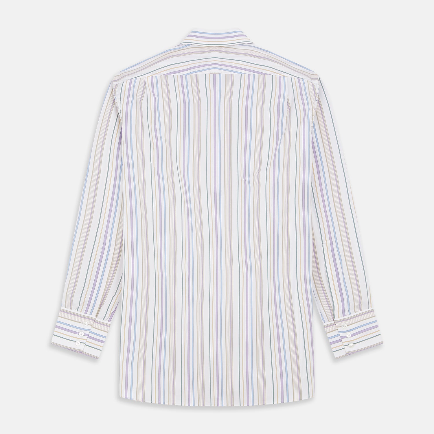 View 5 of product The Colourful Garden Multi Stripe Cotton Regular Fit Mayfair Shirt by Turnbull & Asser features a collar, buttoned cuffs, and vertical stripes in blue, yellow, pink, and white on a light background for a relaxed look.