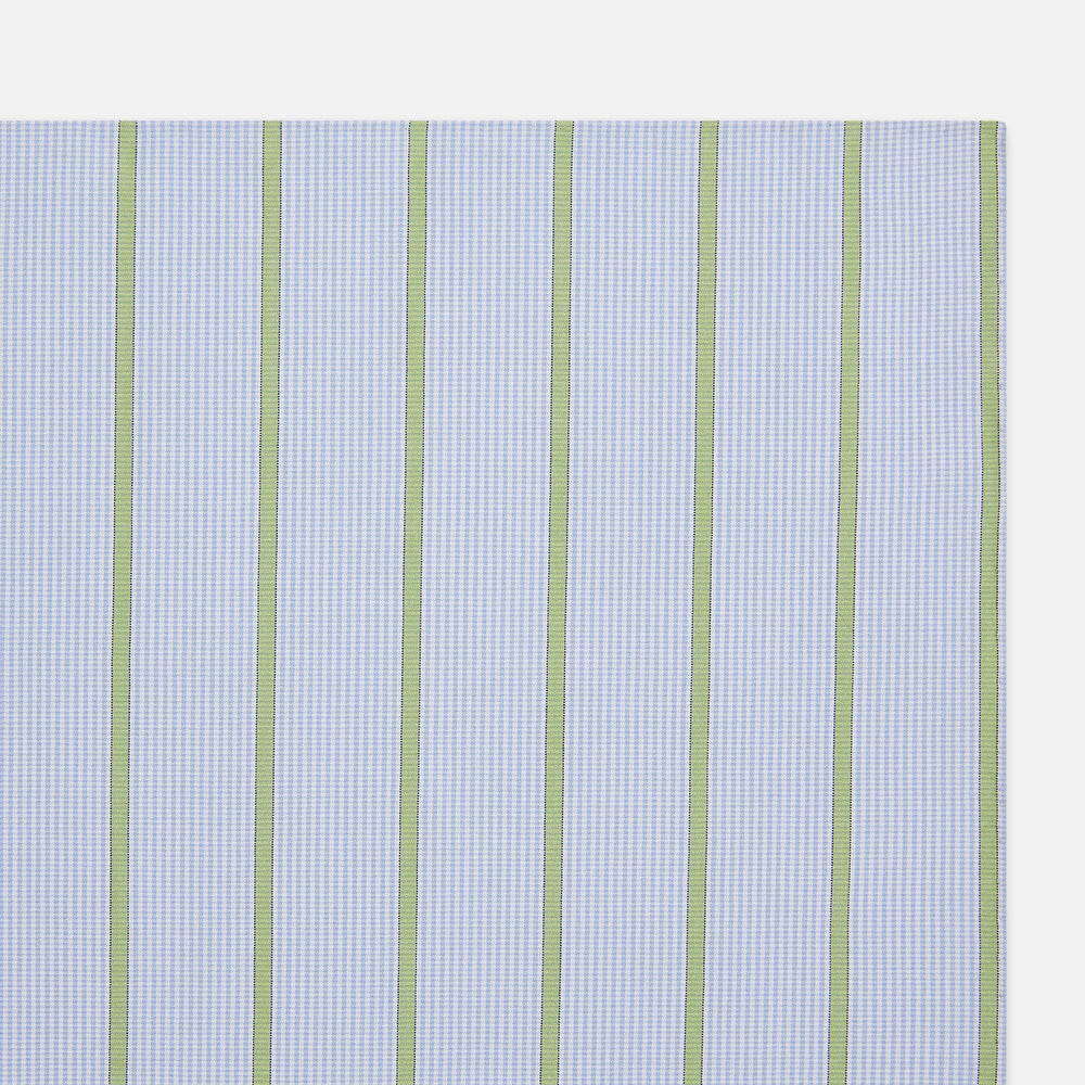 The Turnbull & Asser Hand Rolled Light Green Track Stripe Handkerchief is a crisp, modern cotton accessory featuring evenly spaced light green stripes for a clean, geometric look.