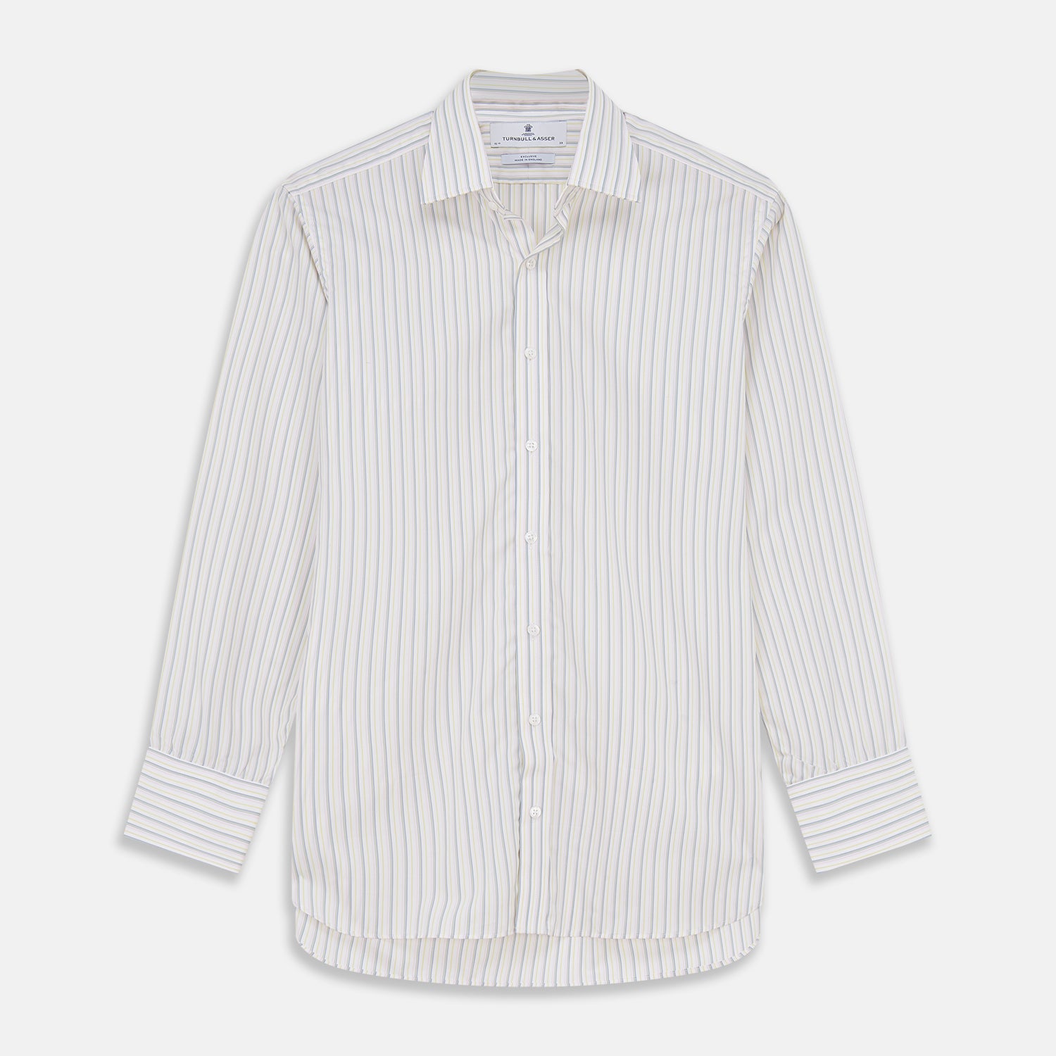 View 1 of product A Green Multi Stripe Cotton Regular Fit Mayfair Shirt by Turnbull & Asser, shown laid flat on a white background.