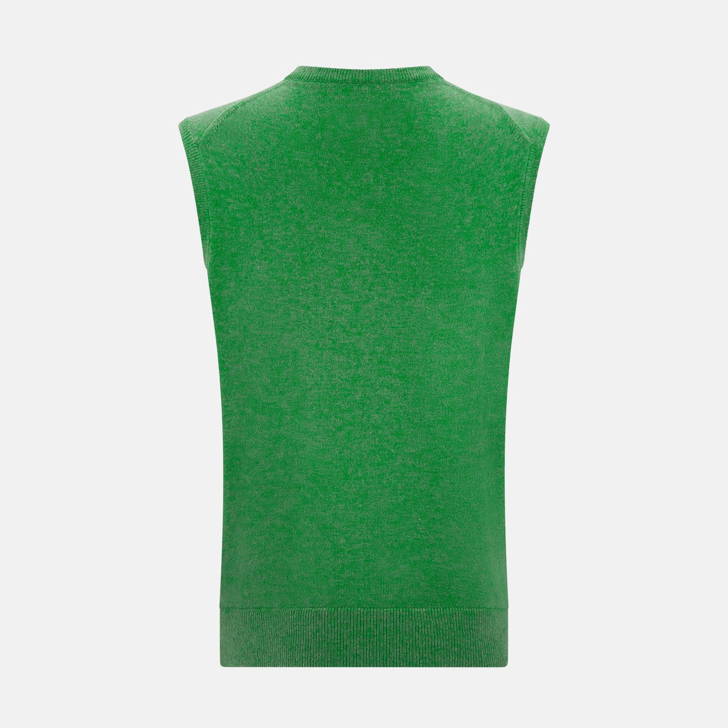View 7 of product The Turnbull & Asser Fern Green V-neck Sleeveless Vest features a ribbed hem and is perfect for elegant ensembles, presented against a plain white background.