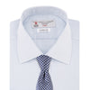 View 4 of product The Turnbull & Asser Two-Fold 120 Light Blue Shirt features a T&A collar, 3-button cuffs, white buttons, front pocket, and inner collar label. It is displayed neatly folded on a plain white background.