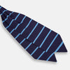 View 3 of product The Turnbull & Asser Azzurro Stripe and Navy Silk Cravat is elegantly displayed against a white background, featuring two horizontal light blue stripes and a bottom edge forming a downward-pointing triangle.
