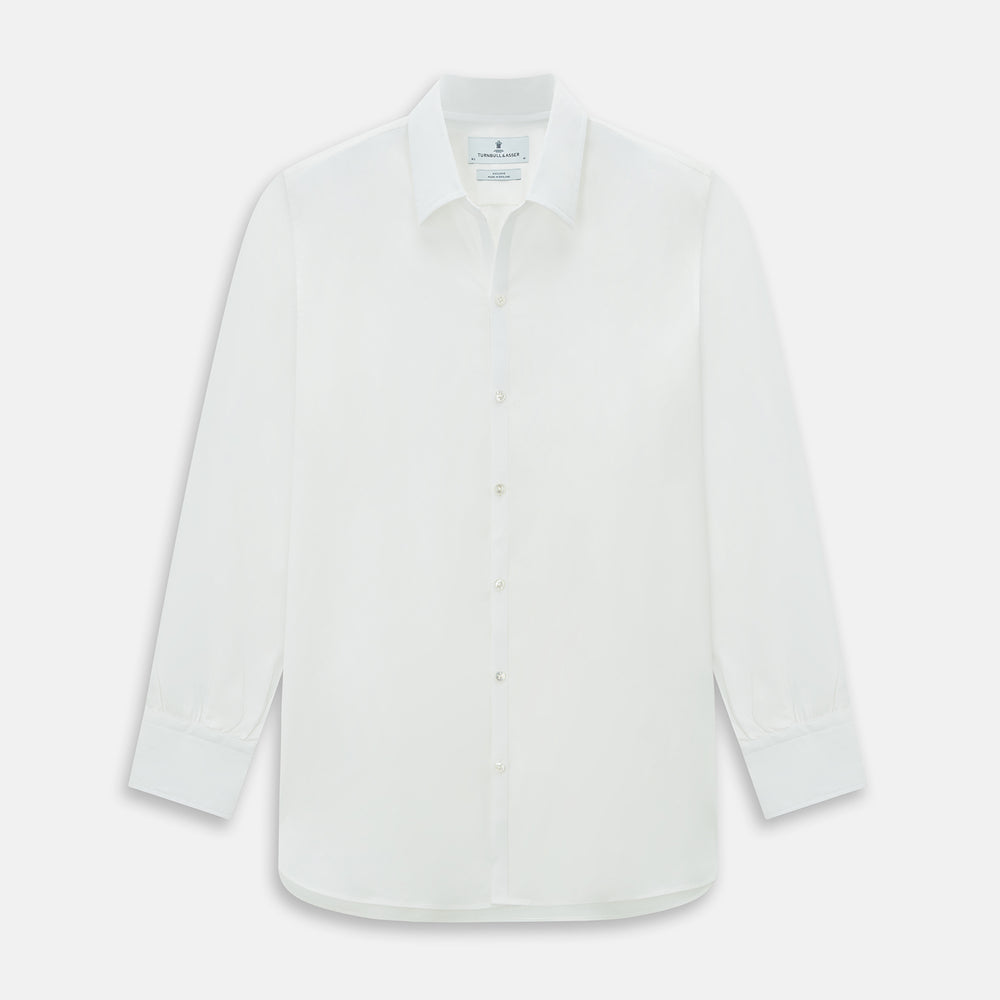 The Turnbull & Asser Plain White Windsor Shirt features a Turnbull open collar, 3-button cuffs, and relaxed fit—exemplifying British craftsmanship. Displayed on a white background.