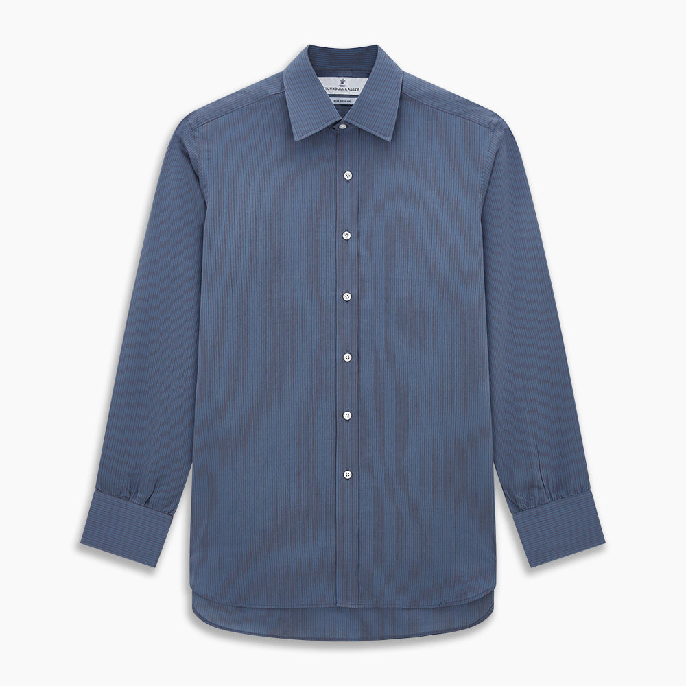 A neatly folded men's Mid Blue Red Stripe Regular Fit Mayfair Shirt by Turnbull & Asser, featuring long sleeves, classic collar, white buttons, and subtle red stripes—a hallmark of the brand’s renowned luxury.