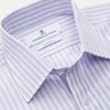 View 3 of product The Turnbull & Asser Lilac Stripe Cotton Regular Fit Mayfair Shirt features thin white and lilac stripes, a T&A collar, and buttoned cuffs, shown laid flat on a white background.