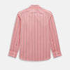View 3 of product The Coral Pink Track Stripe Westminster Shirt by Turnbull & Asser features vertical navy and white stripes, a tailored fit, pointed collar, and buttoned cuffs—is displayed laid flat on a white background.