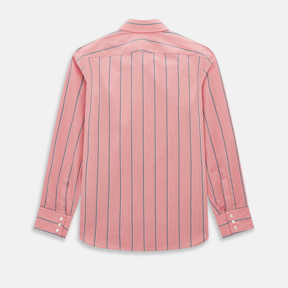The Coral Pink Track Stripe Westminster Shirt by Turnbull & Asser features vertical navy and white stripes, a tailored fit, pointed collar, and buttoned cuffs—is displayed laid flat on a white background.