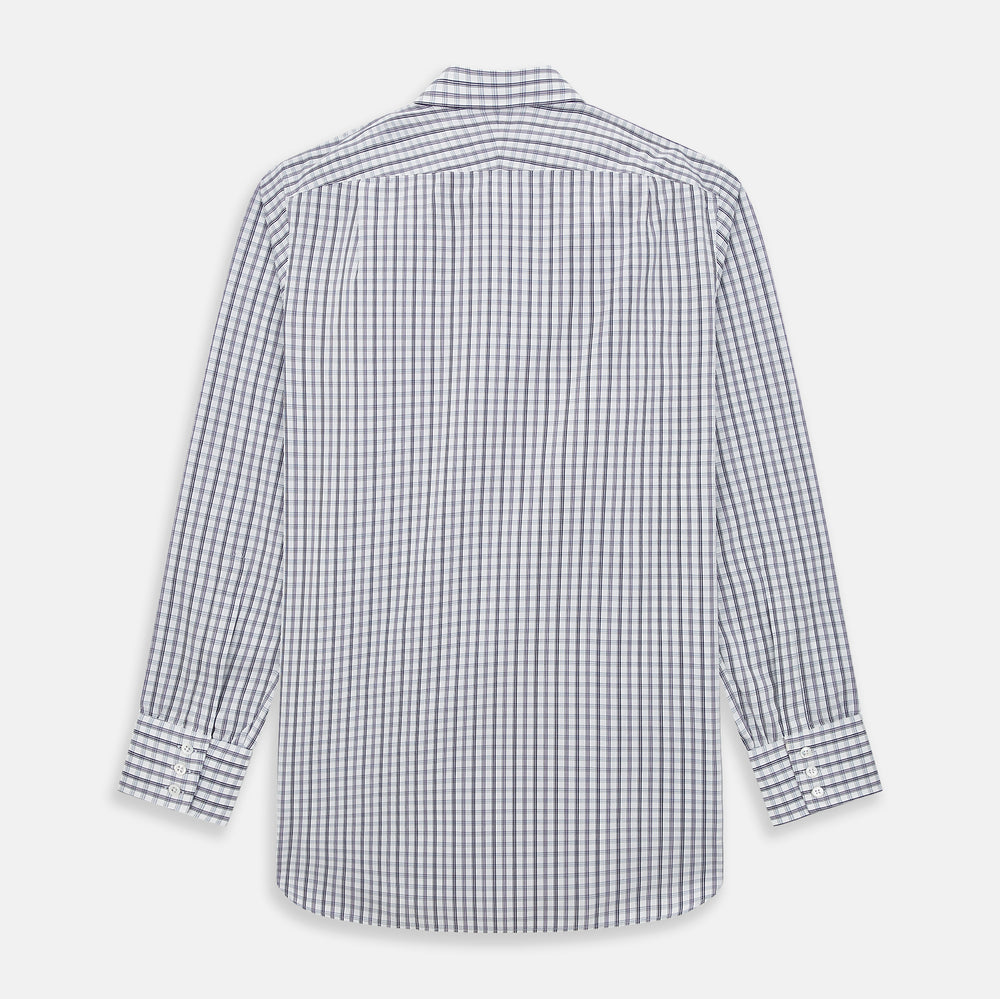 The Turnbull & Asser Purple Multi Check Mayfair Shirt is a long-sleeved, button-up cotton shirt with a collar and purple check pattern, perfect for formal wear and shown against a plain white background.
