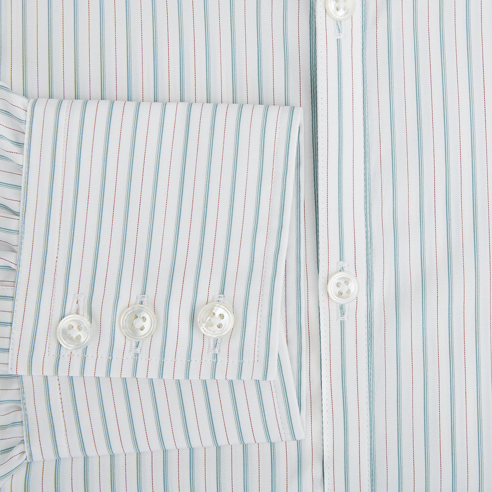 The Turnbull & Asser Turquoise and Red Ticking Stripe Windsor Shirt, featuring a classic collar and buttoned cuffs, is displayed flat against a white background.