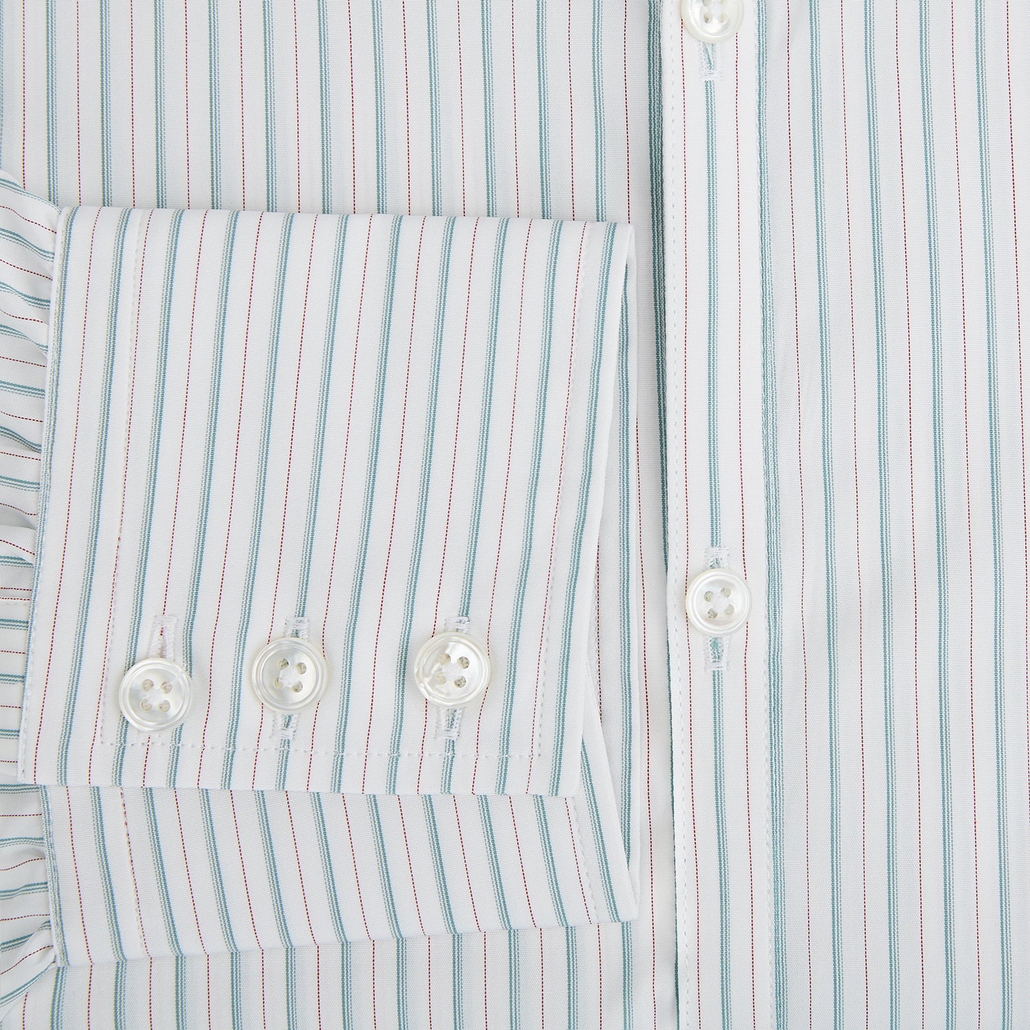 View 4 of product The Turnbull & Asser Turquoise and Red Ticking Stripe Windsor Shirt, featuring a classic collar and buttoned cuffs, is displayed flat against a white background.