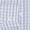View 4 of product The Turnbull & Asser Blue and Navy Multi Check Mayfair Shirt features a classic T&A collar and long sleeves, with a blue multi-check pattern on white, neatly displayed against a plain white background.