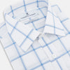 View 2 of product The Turnbull & Asser Colony Blue Grid Check Mayfair Shirt features long sleeves, a button-down front, Italian cotton fabric, a spread collar, and buttoned cuffs, shown against a plain white background.