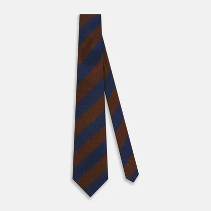 Brown and Navy Block Stripe Silk Tie Image 1