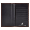 View 2 of product The Turnbull & Asser Brown Coat Wallet stands upright and open against a white background, showcasing multiple black card slots inside.