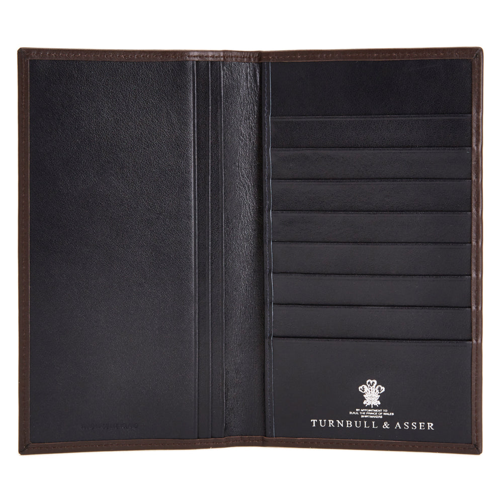 The Turnbull & Asser Brown Coat Wallet stands upright and open against a white background, showcasing multiple black card slots inside.