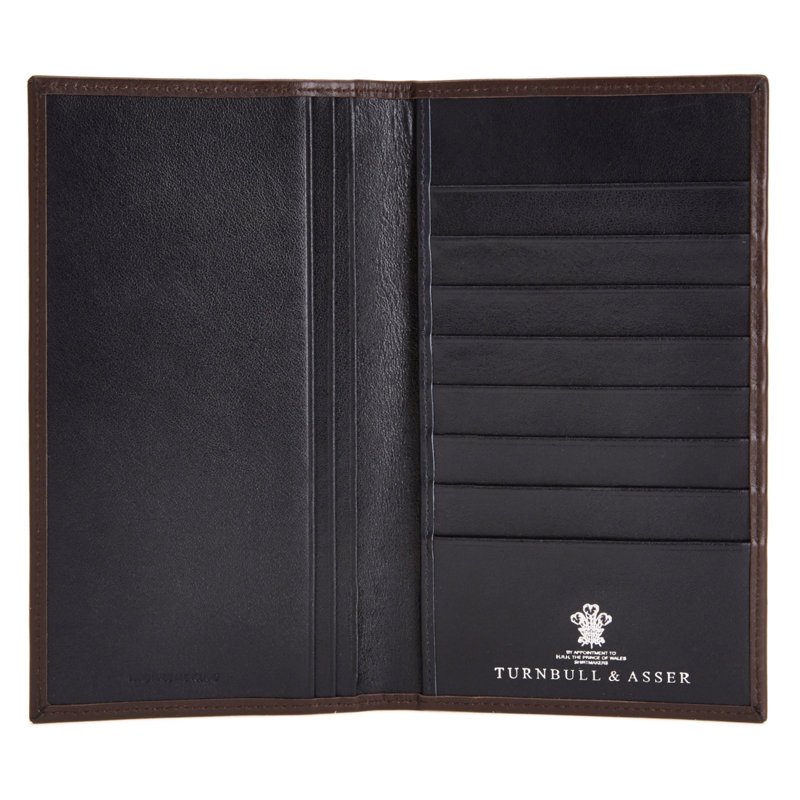 View 2 of product The Turnbull & Asser Brown Coat Wallet stands upright and open against a white background, showcasing multiple black card slots inside.