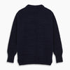 View 3 of product The Turnbull & Asser Navy Wool and Cotton Blend Albany Guernsey Jumper, shown flat on a white background, features long sleeves, a classic cable knit pattern on the upper half, and ribbed cuffs, hem, and collar.