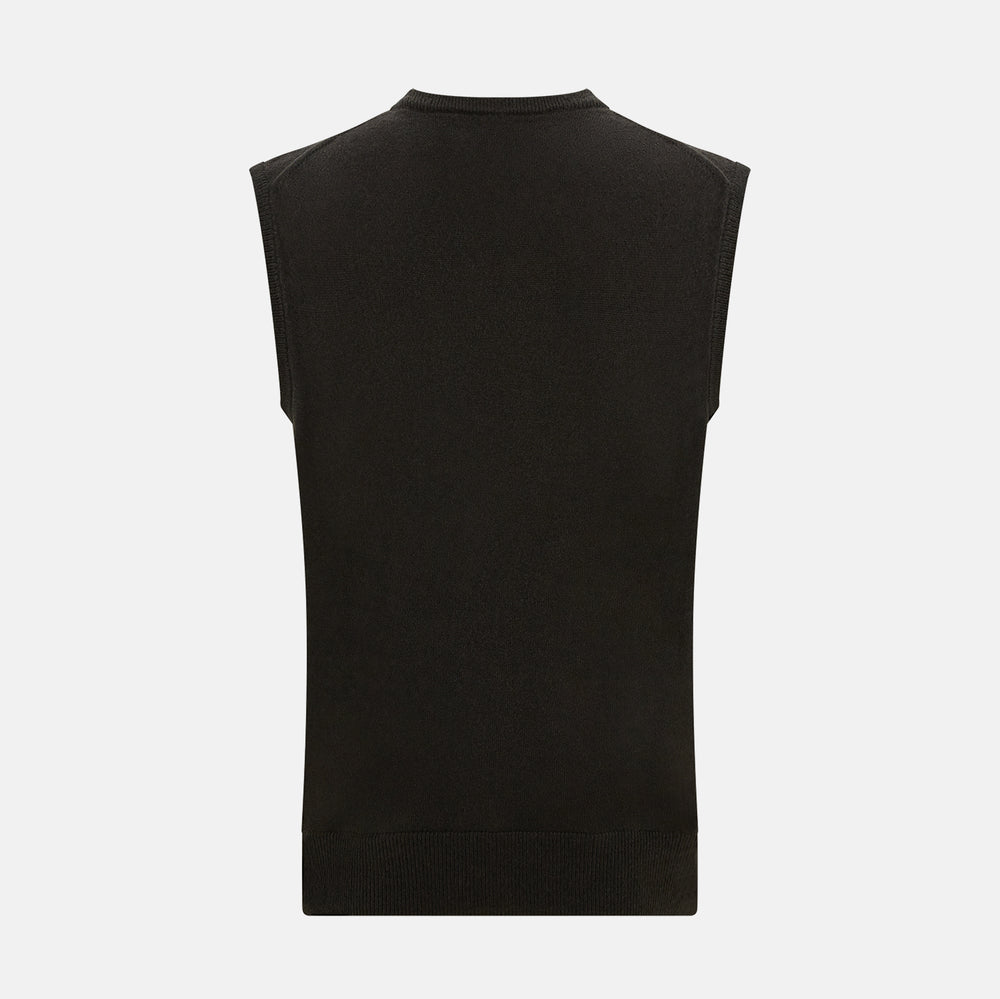 A dark brown cashmere round neck vest by Turnbull & Asser, sleeveless and displayed against a plain white background.