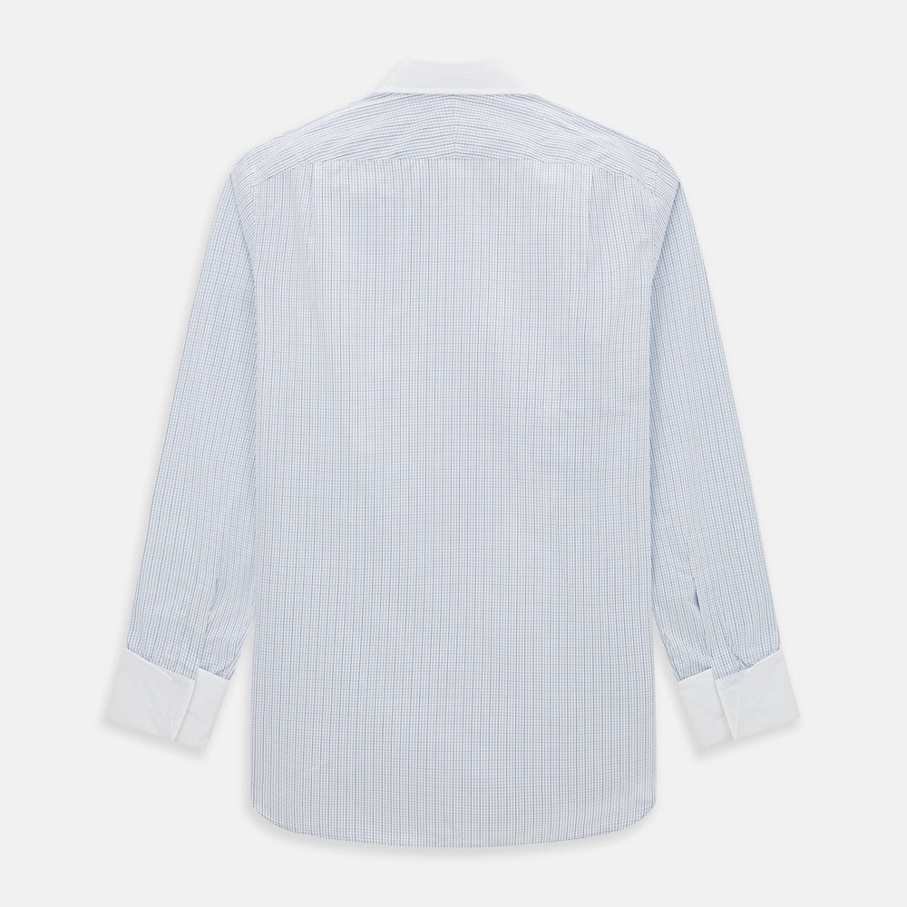 The Turnbull & Asser Pale Blue and Navy Grid Check Shirt features a contrast T&A collar and cuffs, long sleeves, and a button-down front, all displayed on a plain white background.