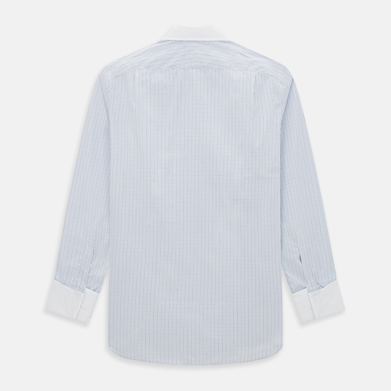 View 3 of product The Turnbull & Asser Pale Blue and Navy Grid Check Shirt features a contrast T&A collar and cuffs, long sleeves, and a button-down front, all displayed on a plain white background.