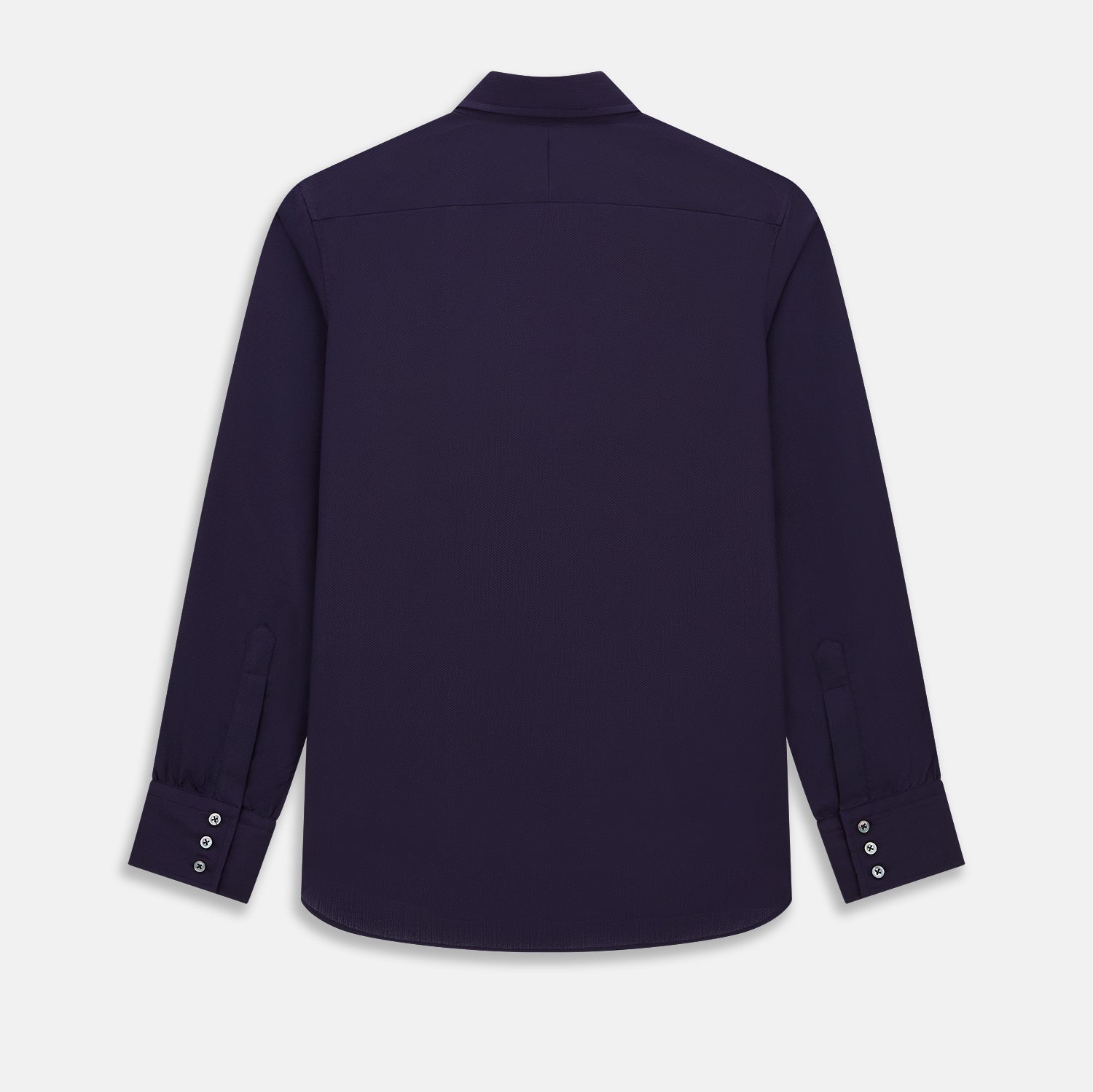 View 3 of product The Navy Textured Windsor Shirt by Turnbull & Asser features long sleeves, a Windsor collar, buttoned cuffs, and white buttons—a fine example of British craftsmanship—set against a plain white background.