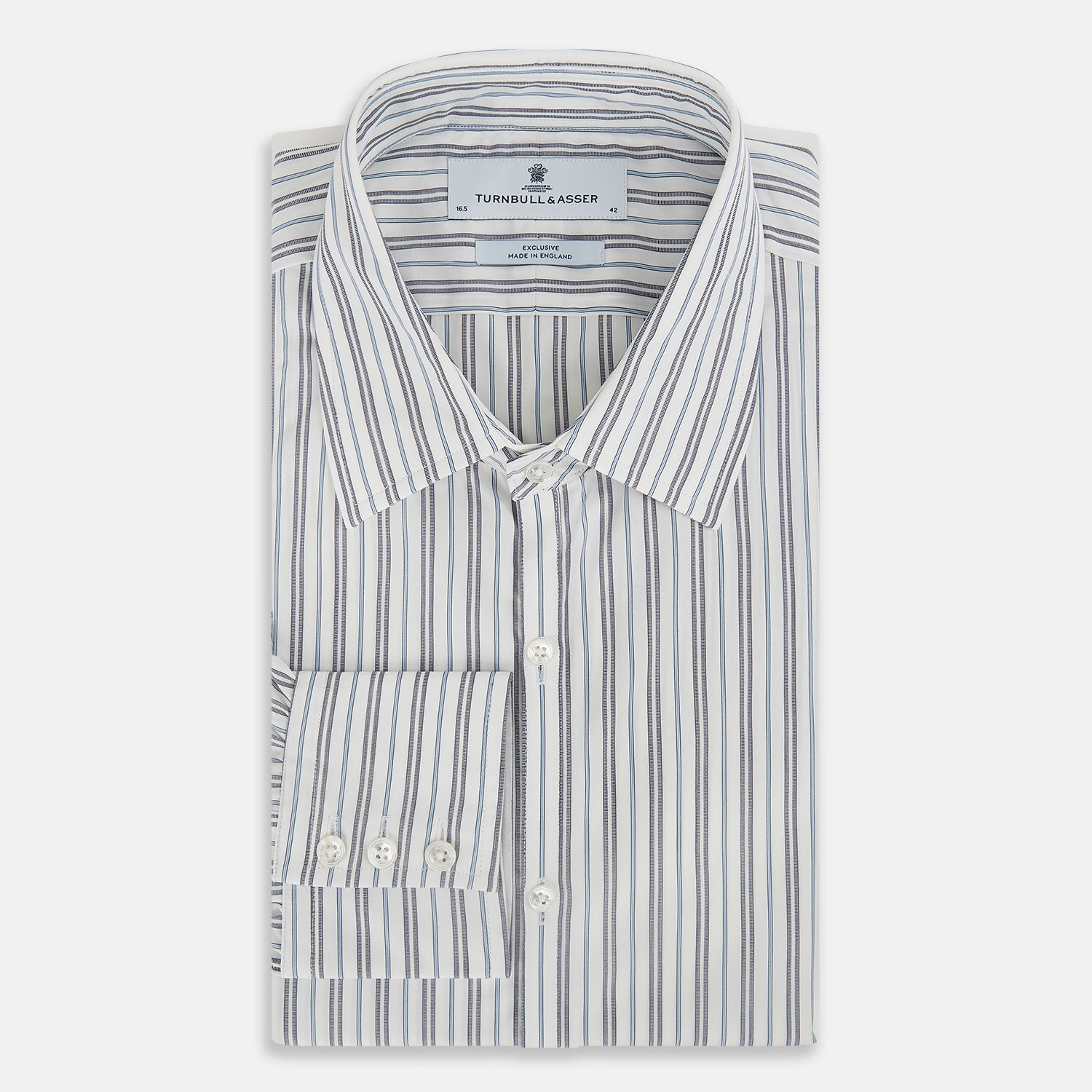 View 5 of product The Turnbull & Asser Navy and Light Blue Multi Track Stripe Westminster Shirt, featuring a button-up design with long sleeves and a signature collar, is displayed flat to highlight its expert British craftsmanship.