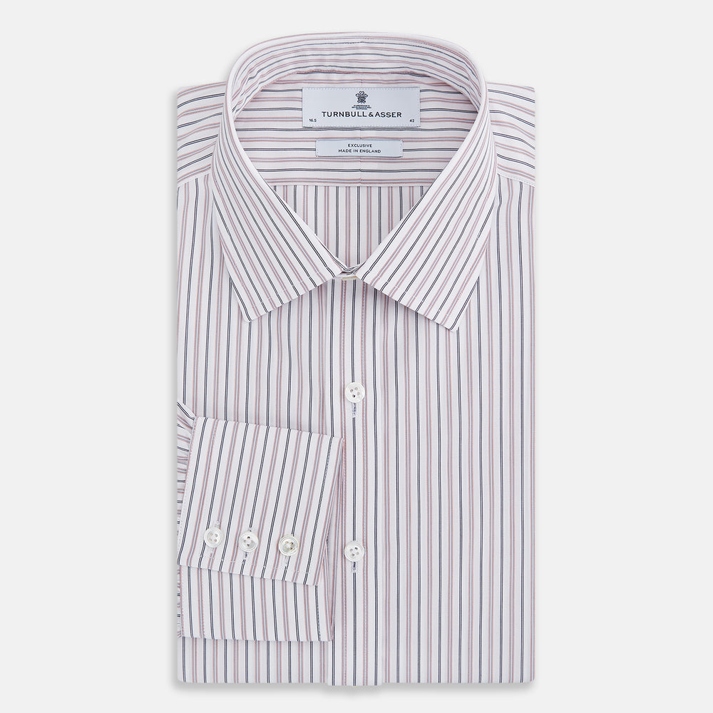 The Turnbull & Asser Red Multi Stripe Mayfair Shirt is a long-sleeve, button-up classic with a sharp collar and vibrant red multi stripes—an essential men's piece shown against a white background.