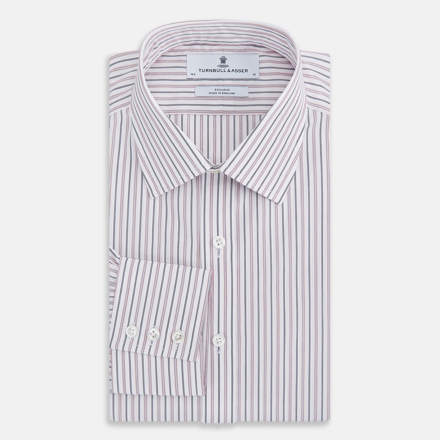 View 5 of product The Turnbull & Asser Red Multi Stripe Mayfair Shirt is a long-sleeve, button-up classic with a sharp collar and vibrant red multi stripes—an essential men's piece shown against a white background.