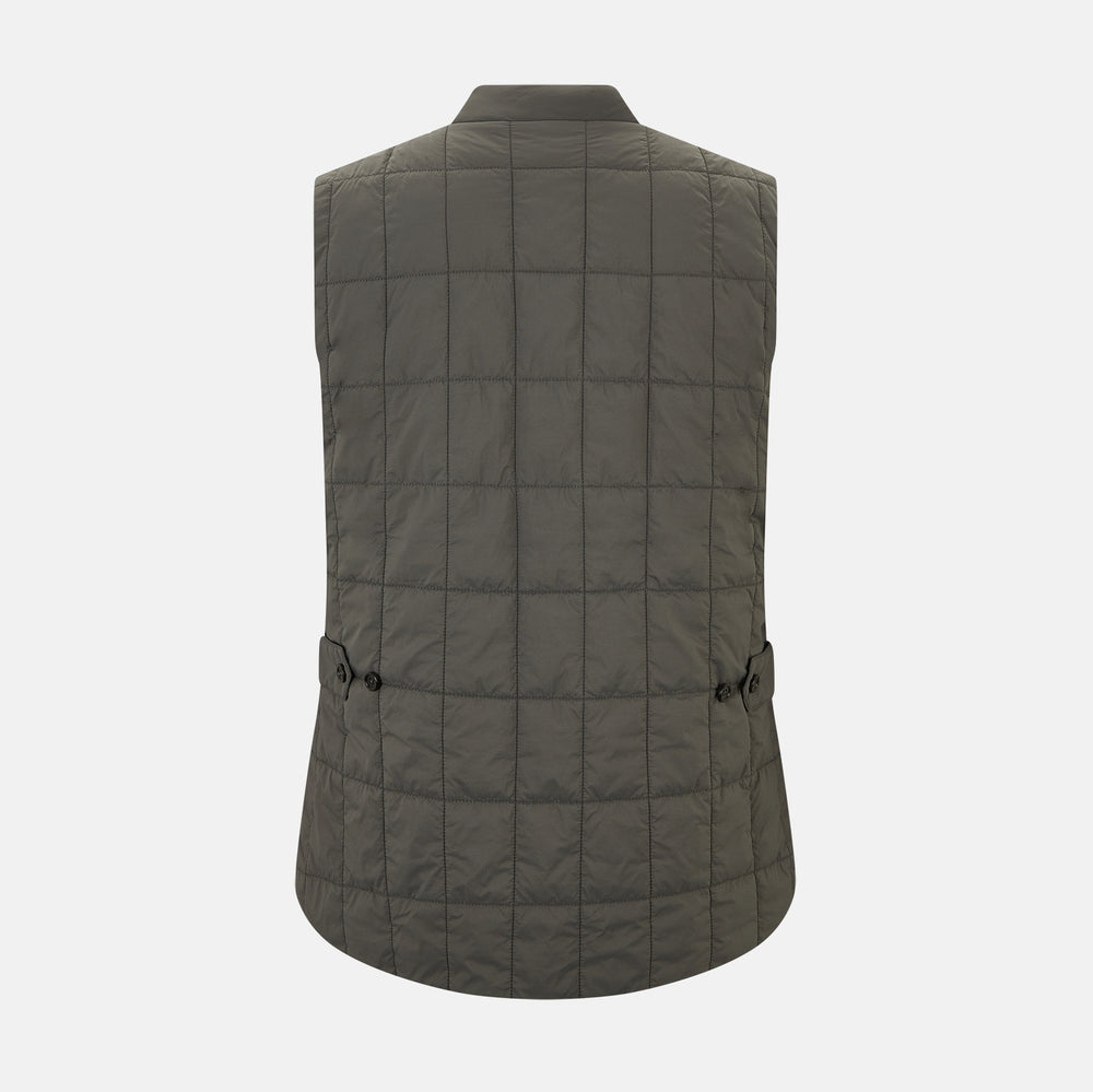 The Shadow Grey Quilted Gilet by Turnbull & Asser is a sleeveless, lightweight layer featuring a front zipper, two zippered side pockets, one chest pocket, and a rounded hem—shown on a plain white background.