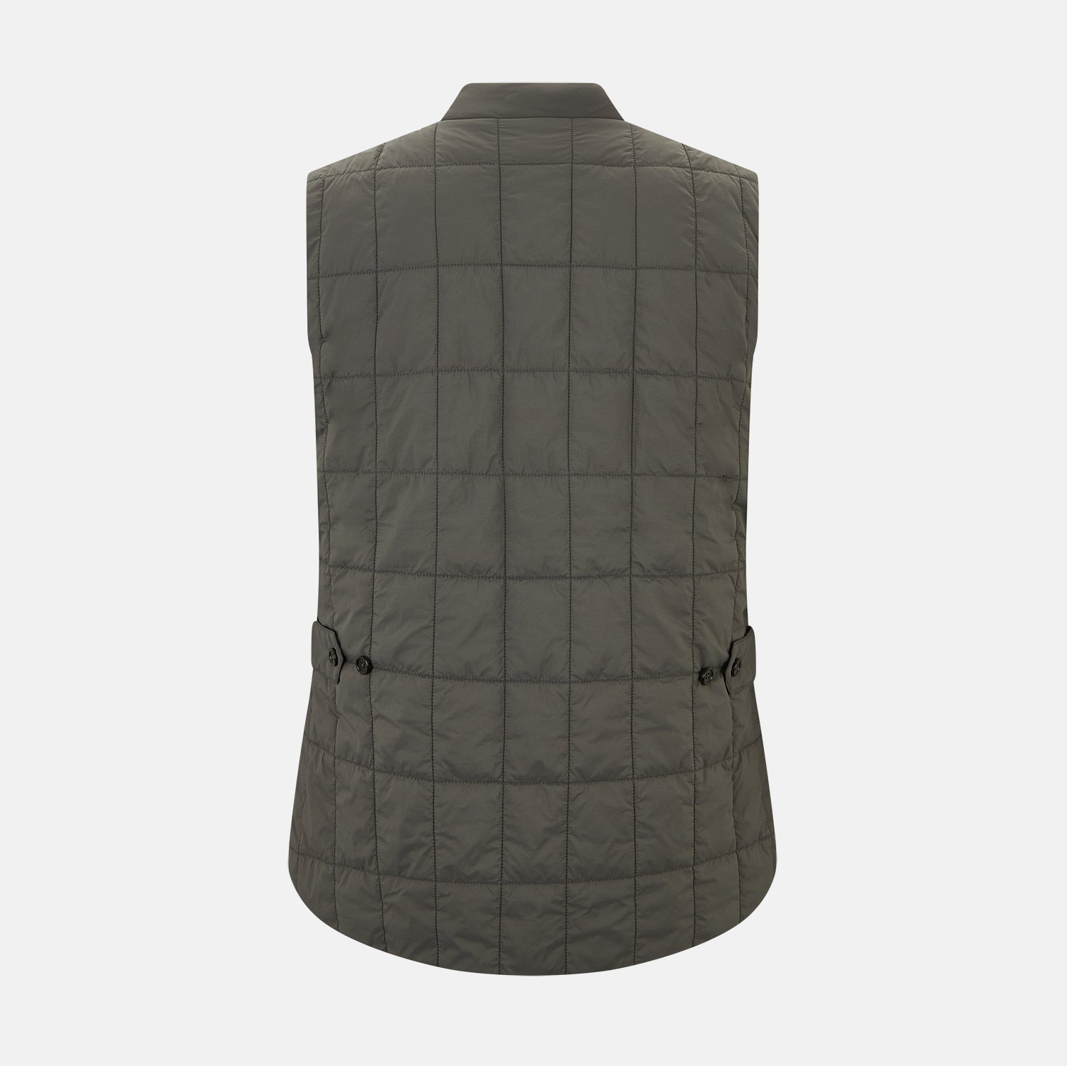 View 3 of product The Shadow Grey Quilted Gilet by Turnbull & Asser is a sleeveless, lightweight layer featuring a front zipper, two zippered side pockets, one chest pocket, and a rounded hem—shown on a plain white background.
