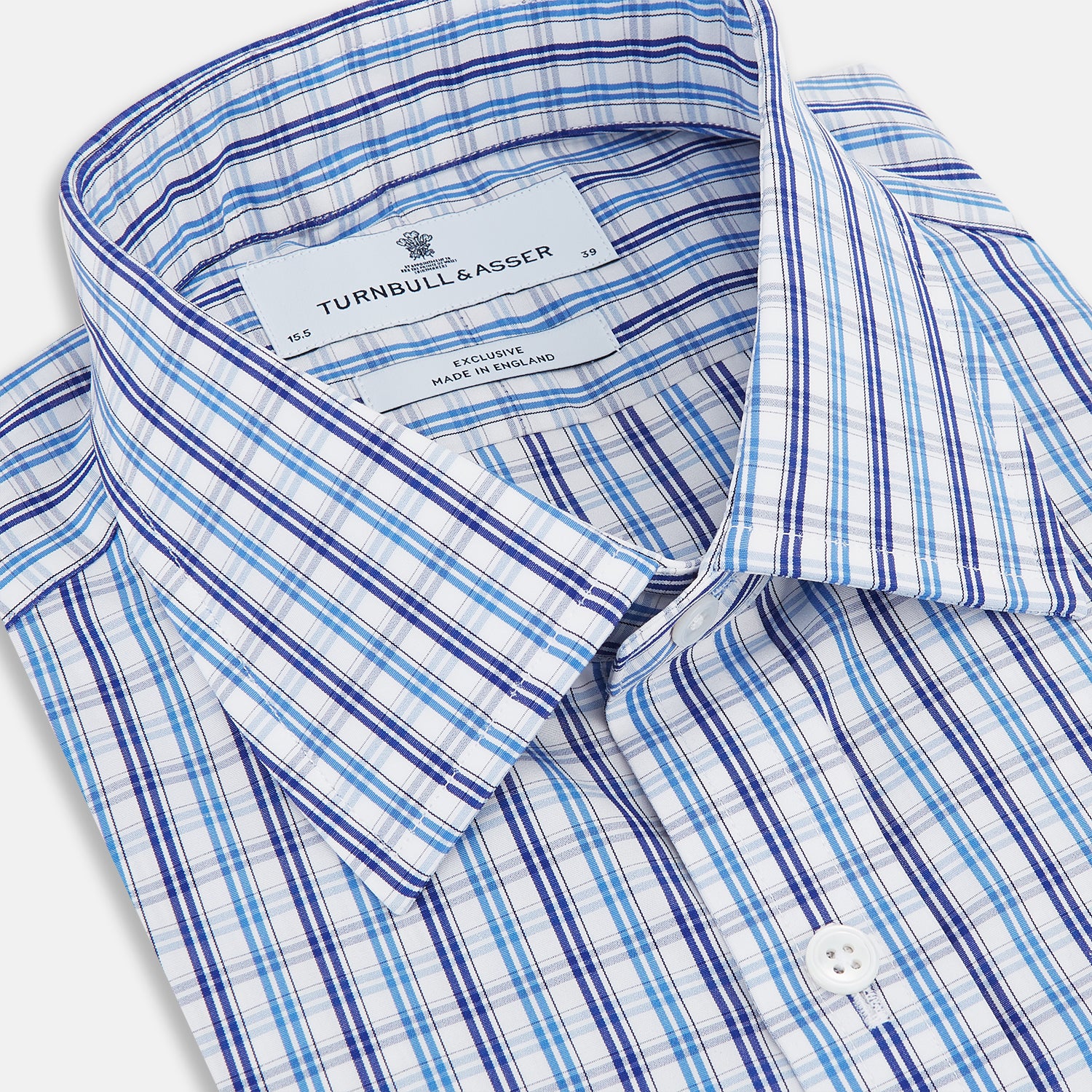 View 2 of product The Turnbull & Asser Blue and Navy Multi Check Mayfair Shirt, made from fine Italian cotton with long sleeves, a button-up front, and a classic collar, is shown against a white background.