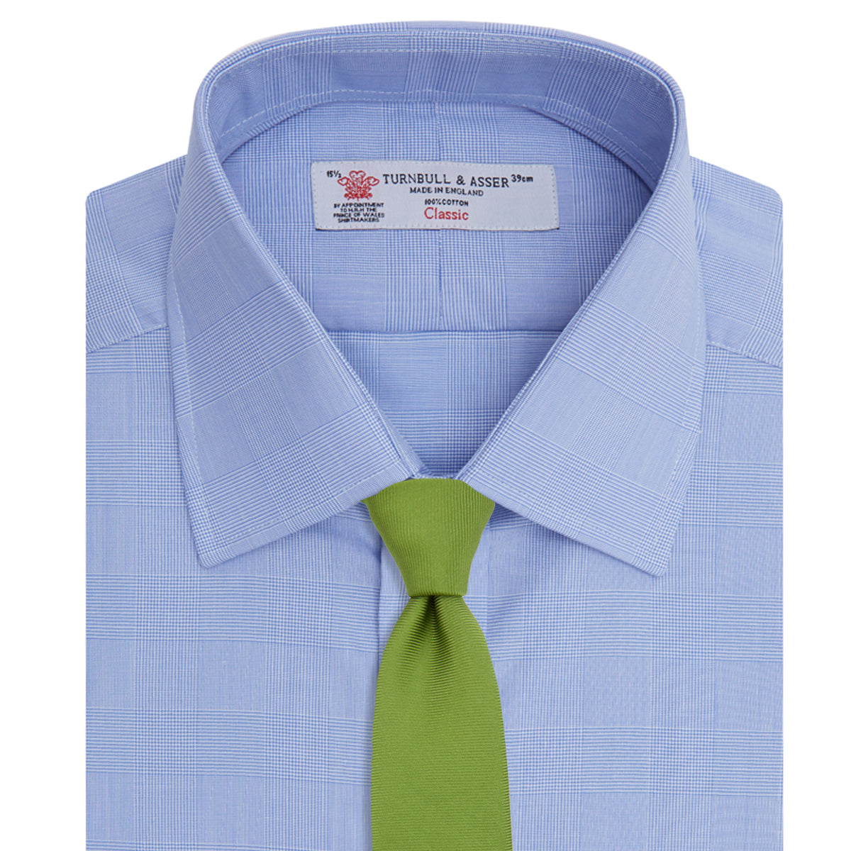 View 4 of product A Blue Prince of Wales Check Shirt by Turnbull & Asser, featuring a T&A collar and 3-button cuffs, is neatly folded and displayed on a plain white background.