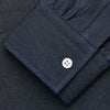 View 3 of product The Turnbull & Asser Blue Weekend Fit Finch Shirt features a Derby collar, chest pocket, classic white buttons, and timeless style, all in cotton. Laid flat on a white background.