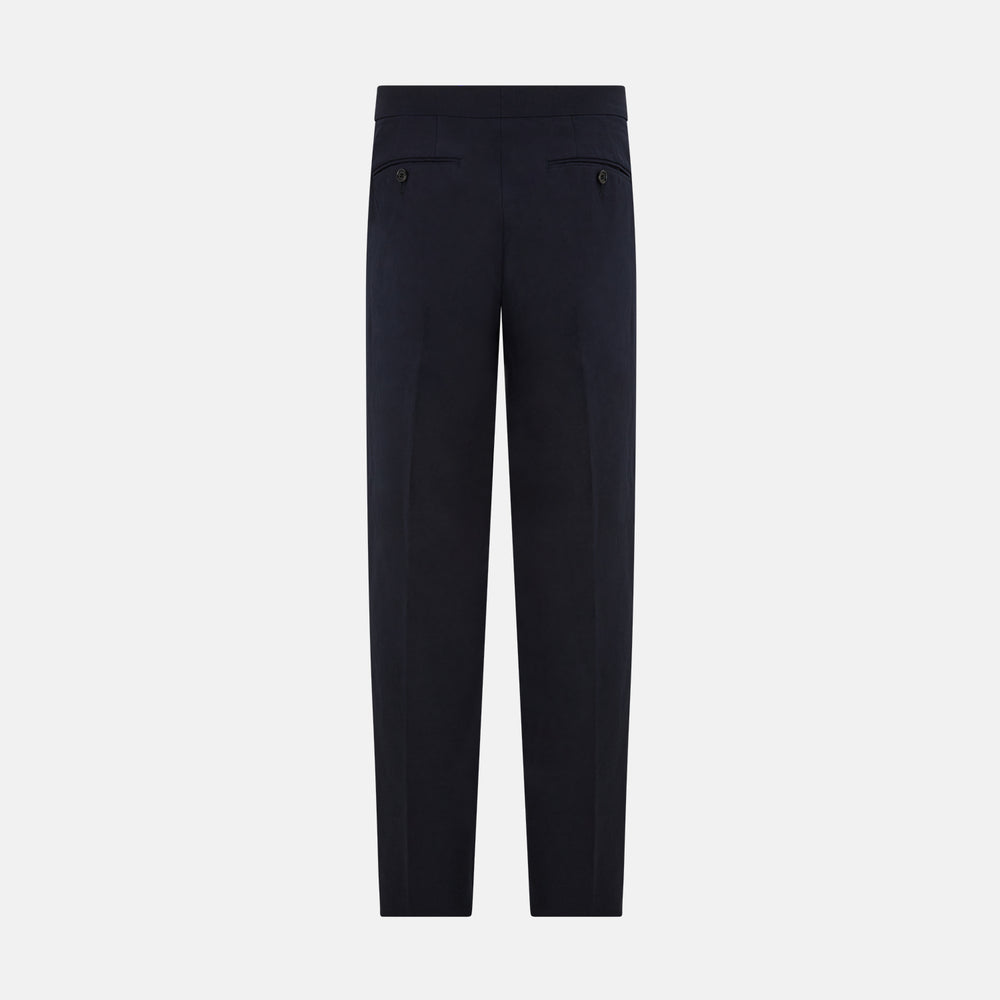 Turnbull & Asser Navy Linen Henry Trousers feature a button closure and pressed front creases, ideal as formal navy trousers, and are shown against a plain white background.
