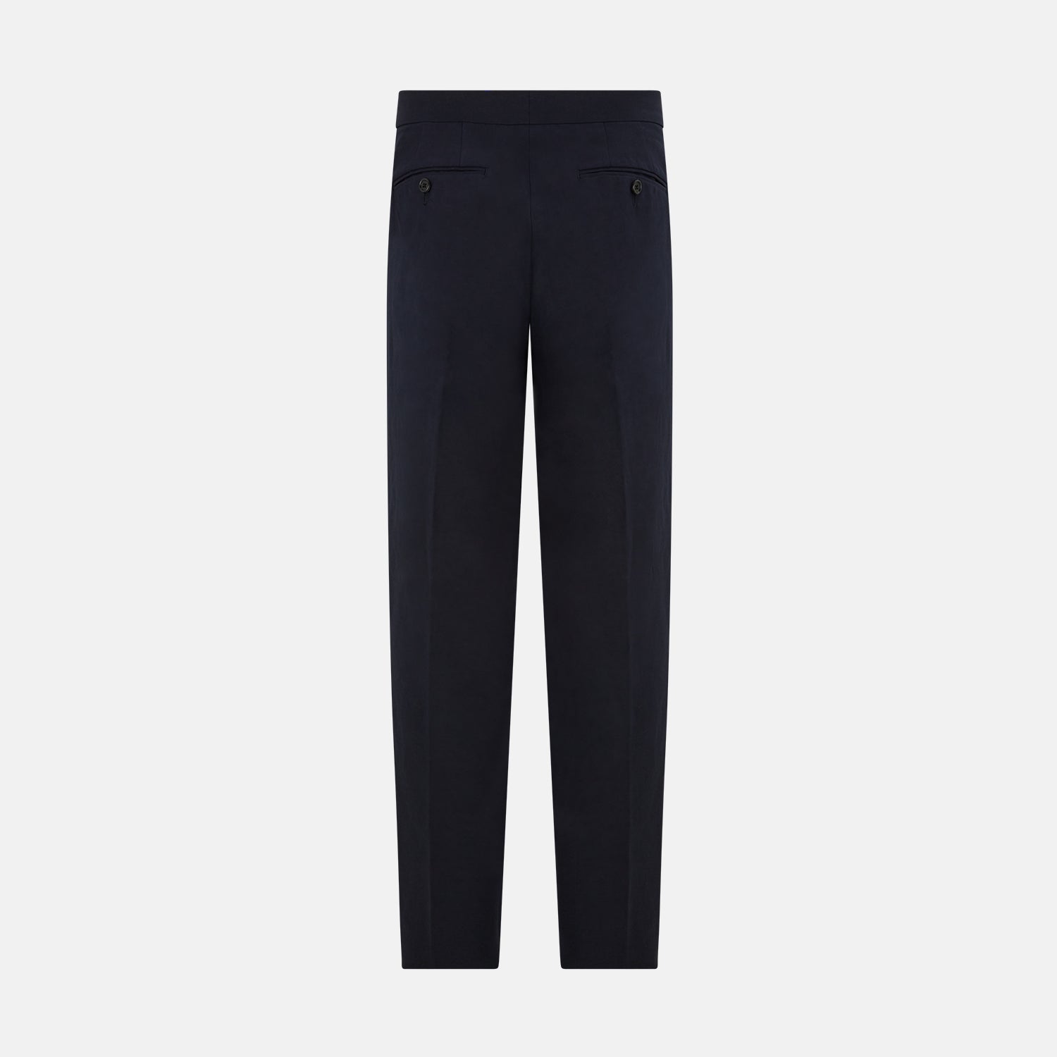 View 11 of product Turnbull & Asser Navy Linen Henry Trousers feature a button closure and pressed front creases, ideal as formal navy trousers, and are shown against a plain white background.