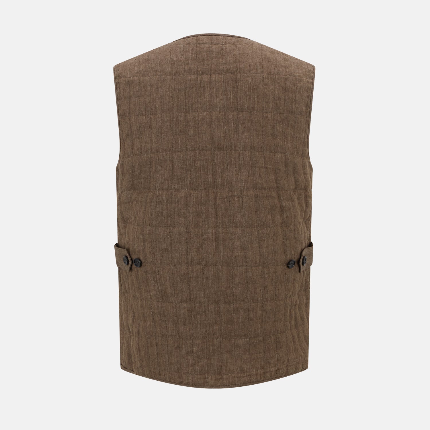 View 3 of product The Turnbull & Asser Pine Cone Quilted Linen Herringbone Waistcoat features a brown, sleeveless design with dark buttons, two angled side pockets, and a chest pocket, shown on a plain white background.