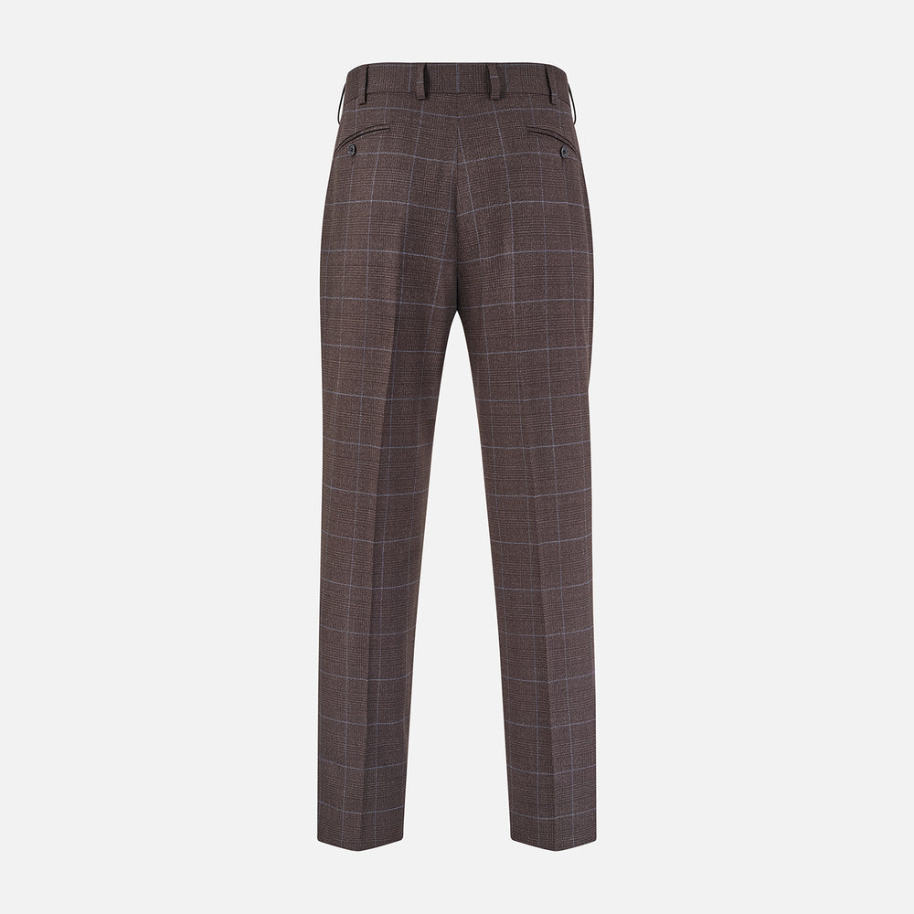 The Turnbull & Asser Brown Check Arthur Trousers feature a straight leg, button and zip closure, belt loops, and front pleats, shown against a plain white background.