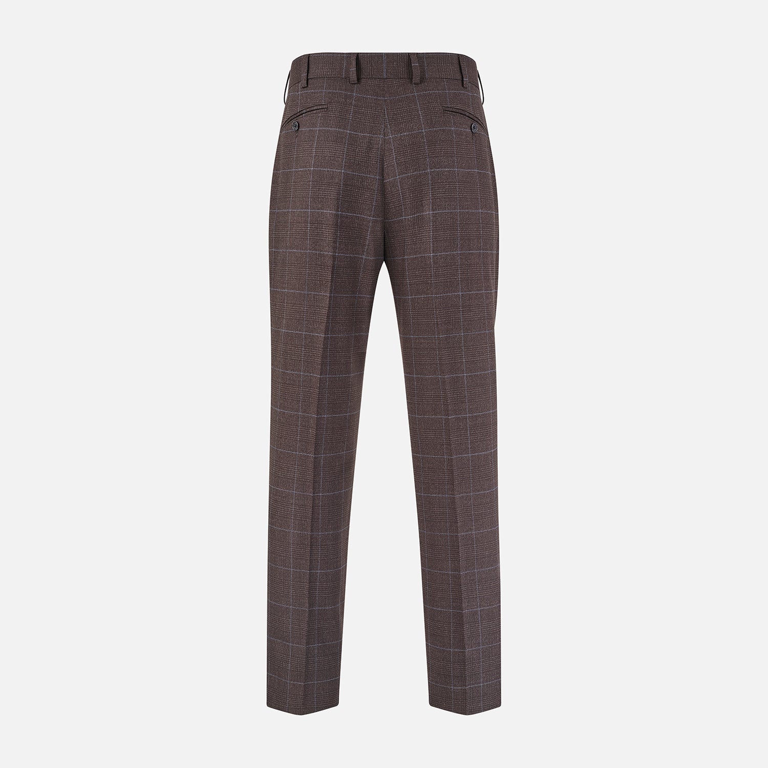 View 3 of product The Turnbull & Asser Brown Check Arthur Trousers feature a straight leg, button and zip closure, belt loops, and front pleats, shown against a plain white background.