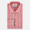 View 5 of product The Coral Pink Track Stripe Westminster Shirt by Turnbull & Asser features vertical navy and white stripes, a tailored fit, pointed collar, and buttoned cuffs—is displayed laid flat on a white background.