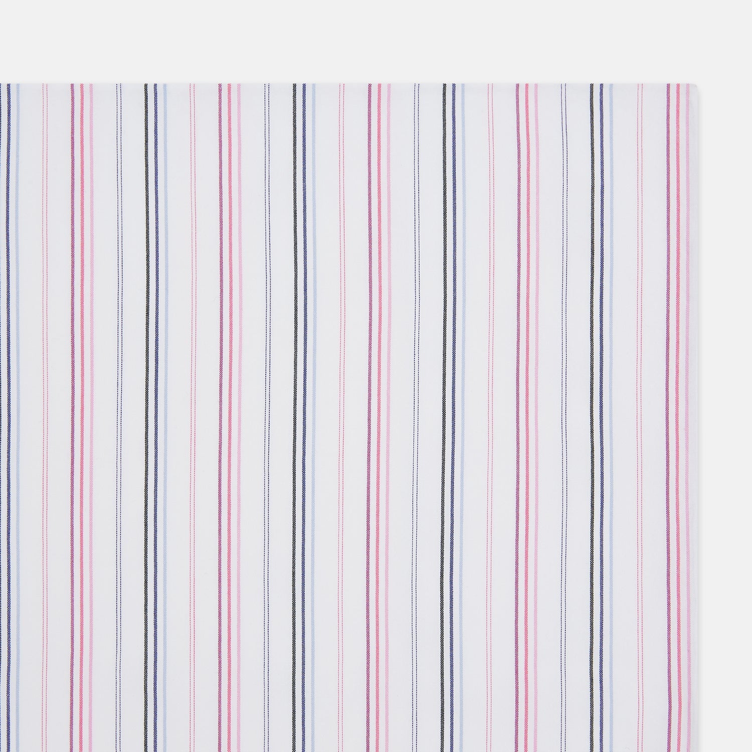 View 7 of product The Turnbull & Asser Hand Rolled Pink and Blue Multi Stripe Handkerchief features evenly spaced vertical stripes on white—a refined pocket square and essential gentleman's accessory.
