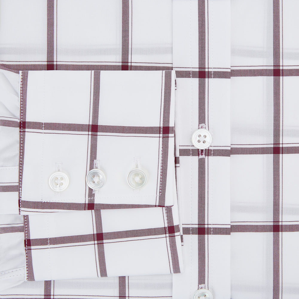 A long-sleeve, button-up Burgundy Grid Check Mayfair Shirt by Turnbull & Asser, made from Italian cotton with a spread collar and red grid check pattern, displayed flat on a plain white background.