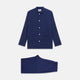The Turnbull & Asser Blue and Navy Candy Stripe Silk Hyde Pyjamas Set features a long-sleeve button-up top with a chest pocket and elastic-waist pants, shown on a plain white background.