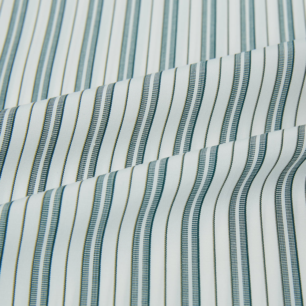 The OLIVE & SAGE GREEN MULTI TRACK STRIPE WESTMINSTER SHIRT by Turnbull & Asser features a classic Turnbull collar and long sleeves, showcasing British craftsmanship with its striped design, presented against a white background.