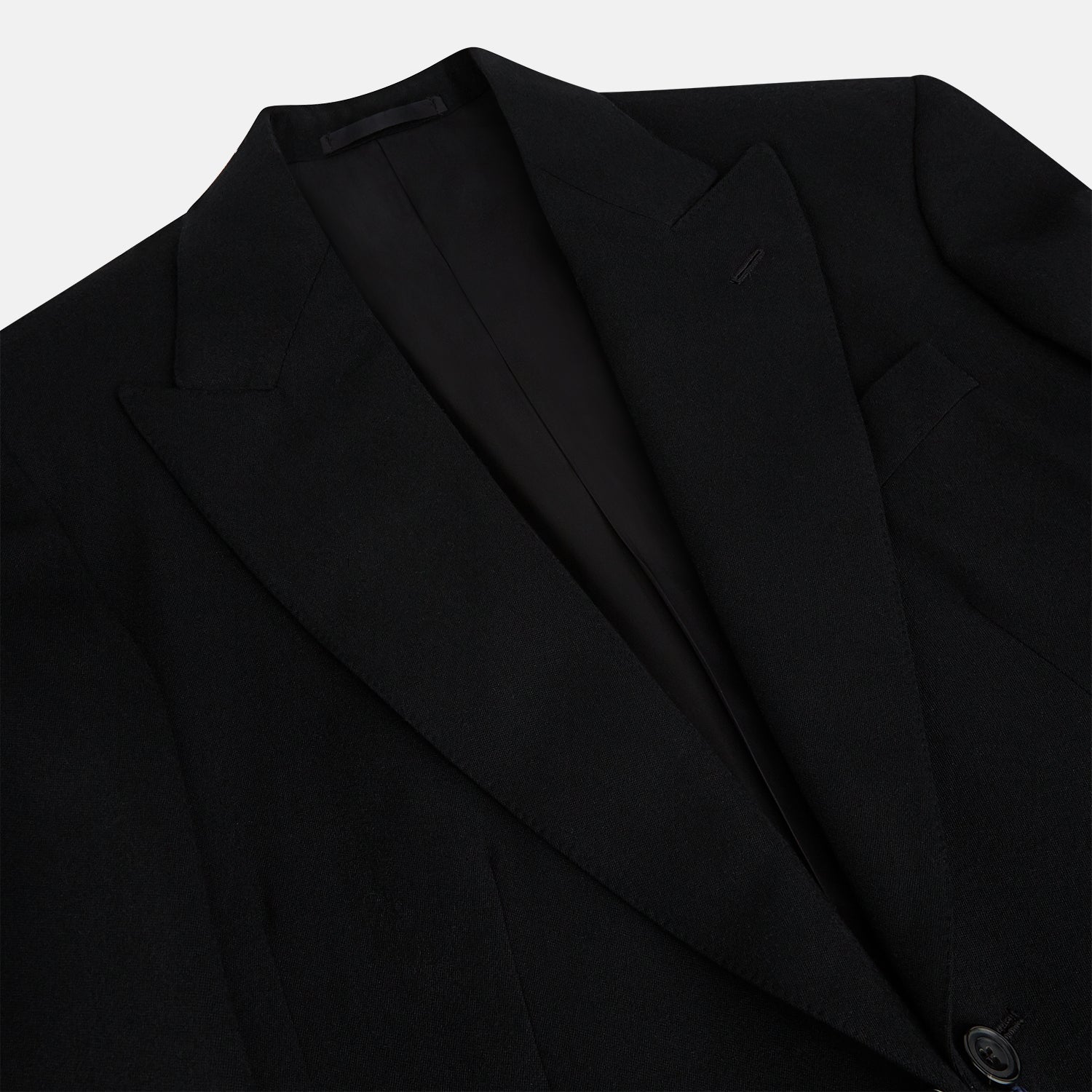 View 2 of product The Turnbull & Asser Black Morning Coat features satin peak lapels, a single front button closure, and long sleeves, shown against a plain white background.