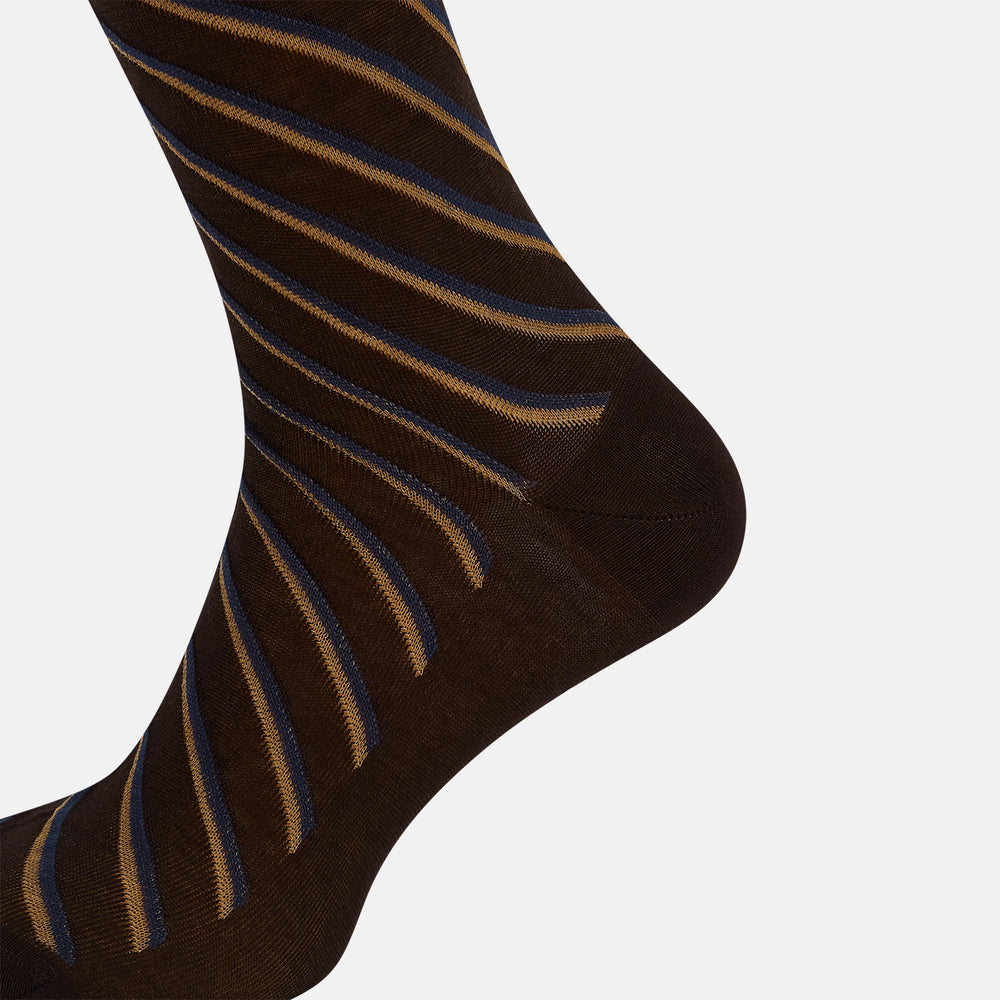 A single Turnbull & Asser Dark Chocolate/cream Diagonal Striped Long Sock, knee-high, is displayed against a plain white background.