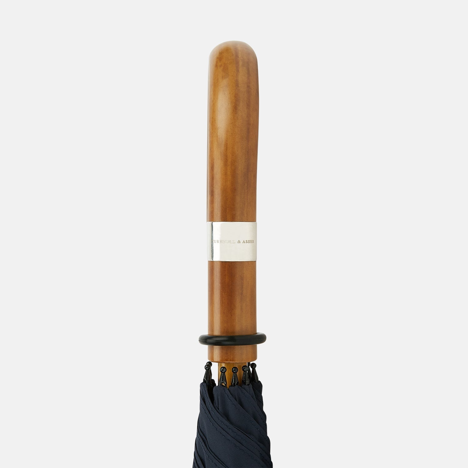 View 5 of product The Turnbull & Asser Navy Traveller Umbrella features a Malacca crook handle and is shown open against a plain white background.